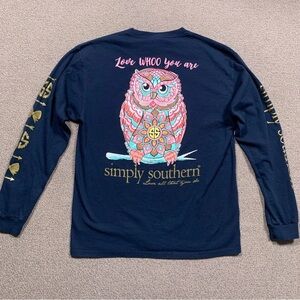 Simply Southern Women's SMALL Owl Long Sleeved Tee Navy Blue